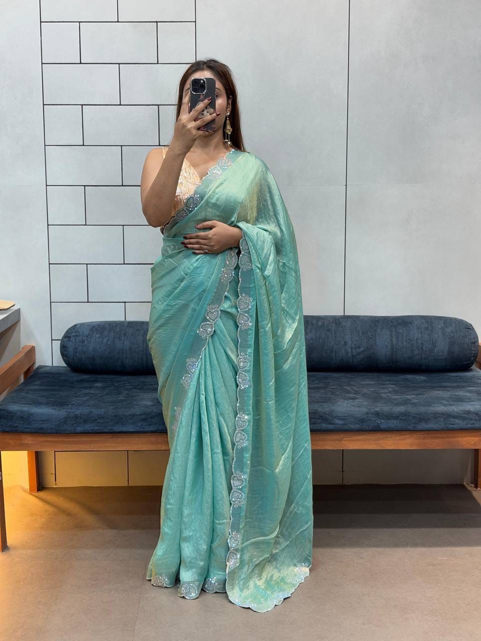 Space Silk Saree with Heart Diamond Cutwork Border