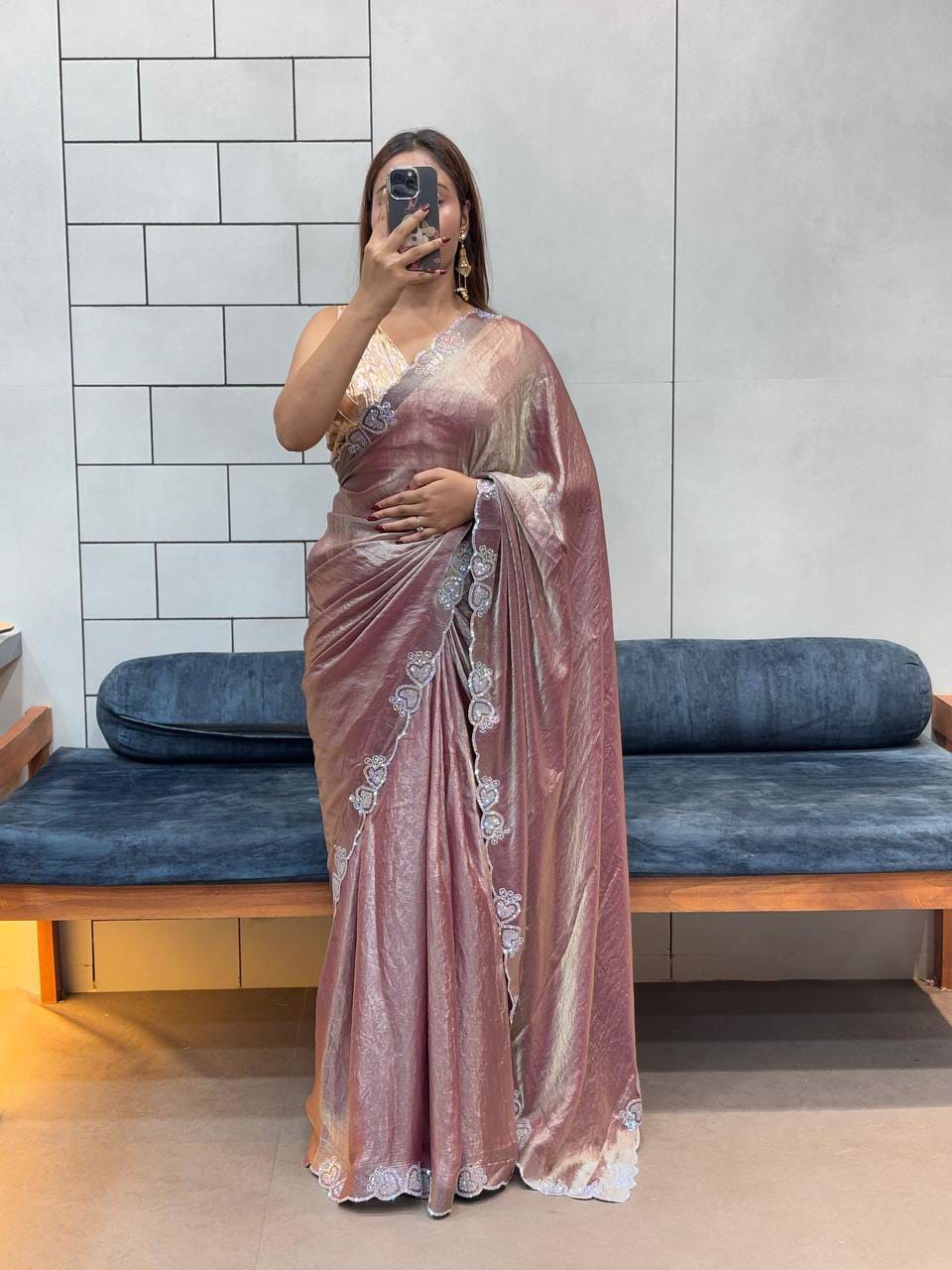 Space Silk Saree with Heart Diamond Cutwork Border