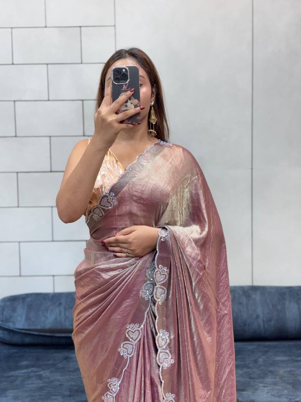 Space Silk Saree with Heart Diamond Cutwork Border