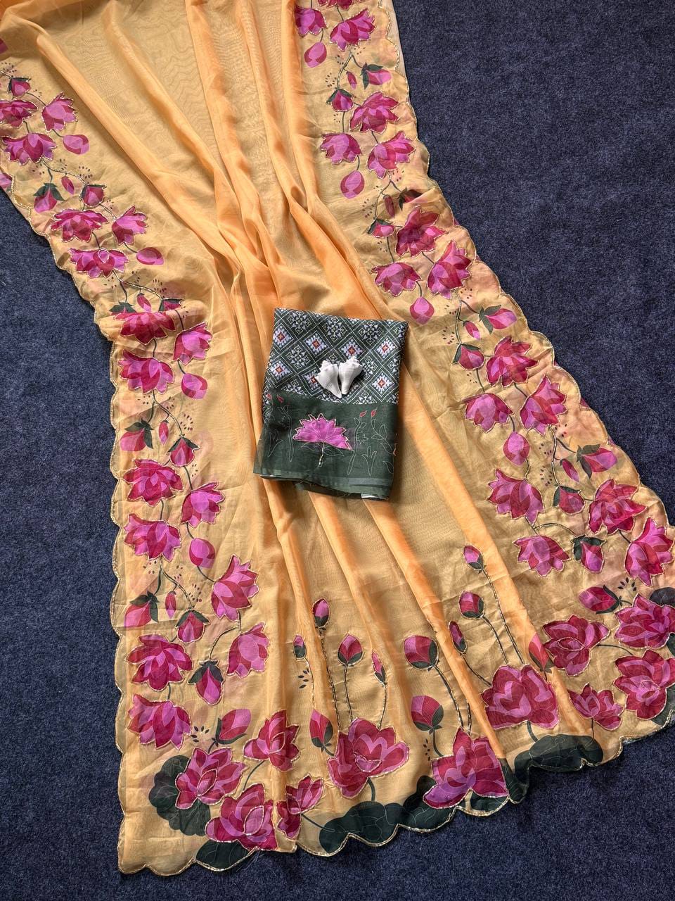 Tabi Silk Lotus Print Saree with Handwork & Patola Blouse
