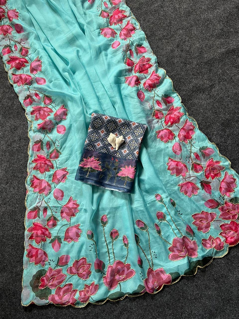 Tabi Silk Lotus Print Saree with Handwork & Patola Blouse