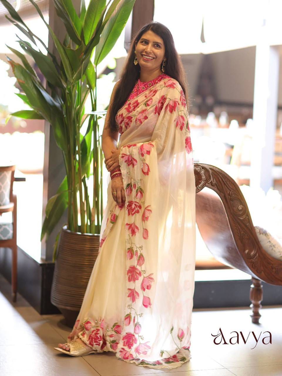 Tabi Silk Lotus Print Saree with Handwork & Patola Blouse