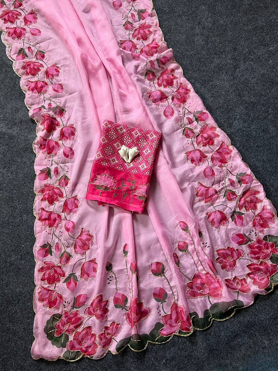 Tabi Silk Lotus Print Saree with Handwork & Patola Blouse