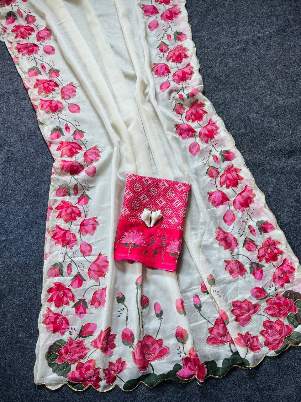 Tabi Silk Lotus Print Saree with Handwork & Patola Blouse
