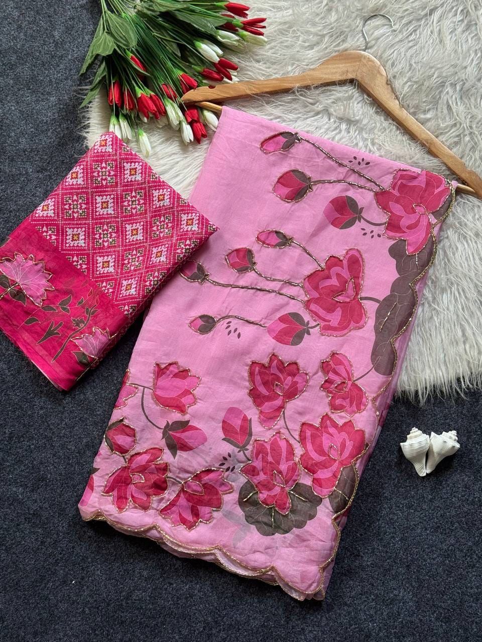 Tabi Silk Lotus Print Saree with Handwork & Patola Blouse
