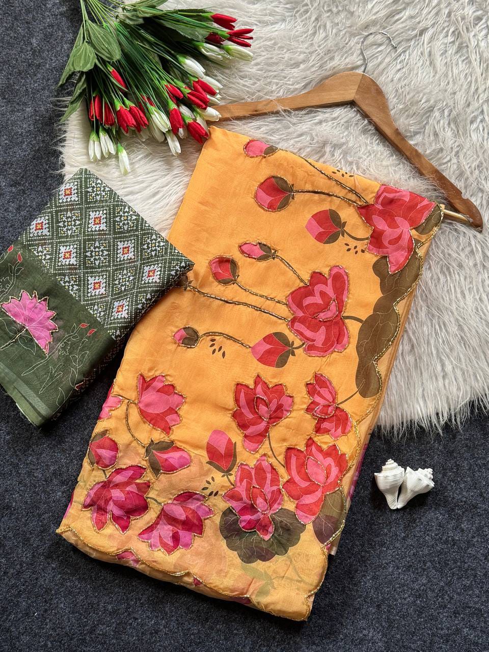 Tabi Silk Lotus Print Saree with Handwork & Patola Blouse