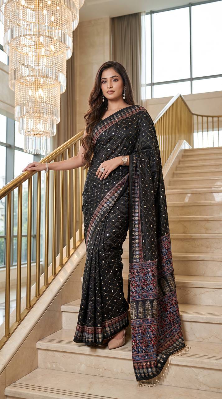 Noorani Ajrakh Mirror Work Silk Saree