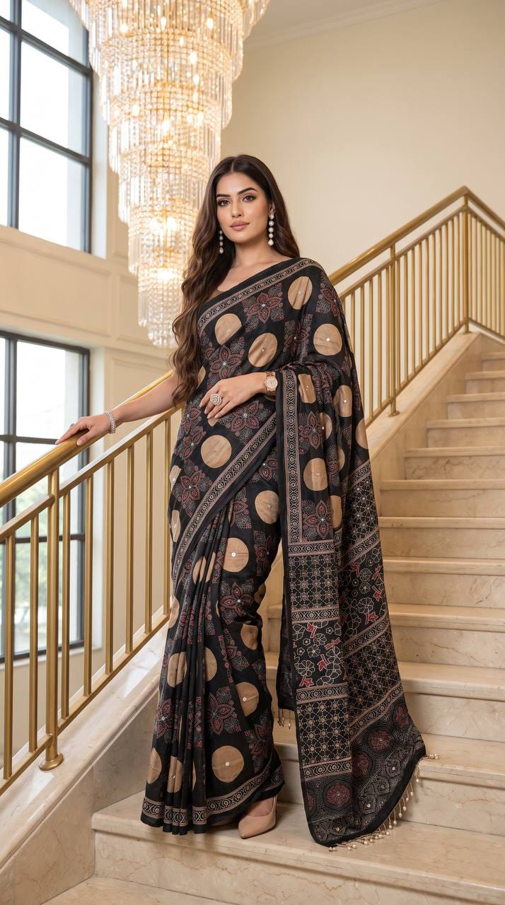 Noorani Ajrakh Mirror Work Silk Saree