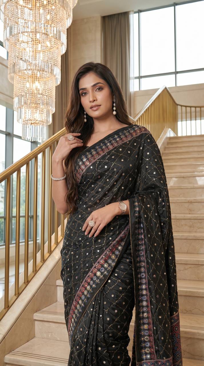 Noorani Ajrakh Mirror Work Silk Saree
