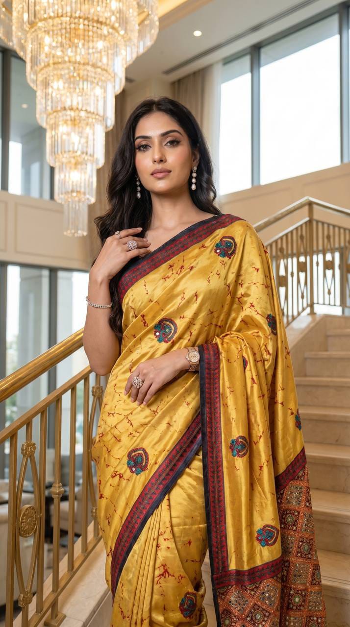 Noorani Ajrakh Mirror Work Silk Saree