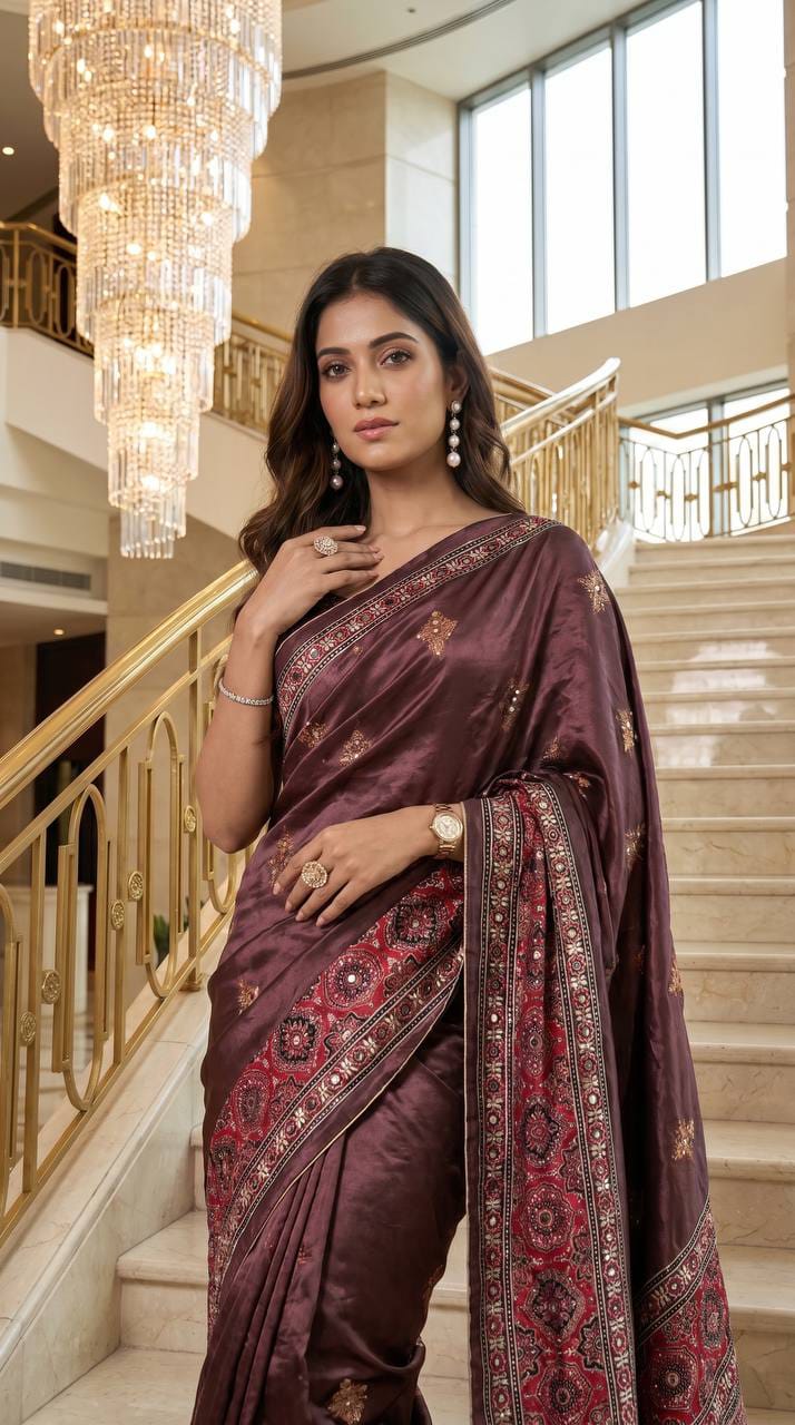 Noorani Ajrakh Mirror Work Silk Saree