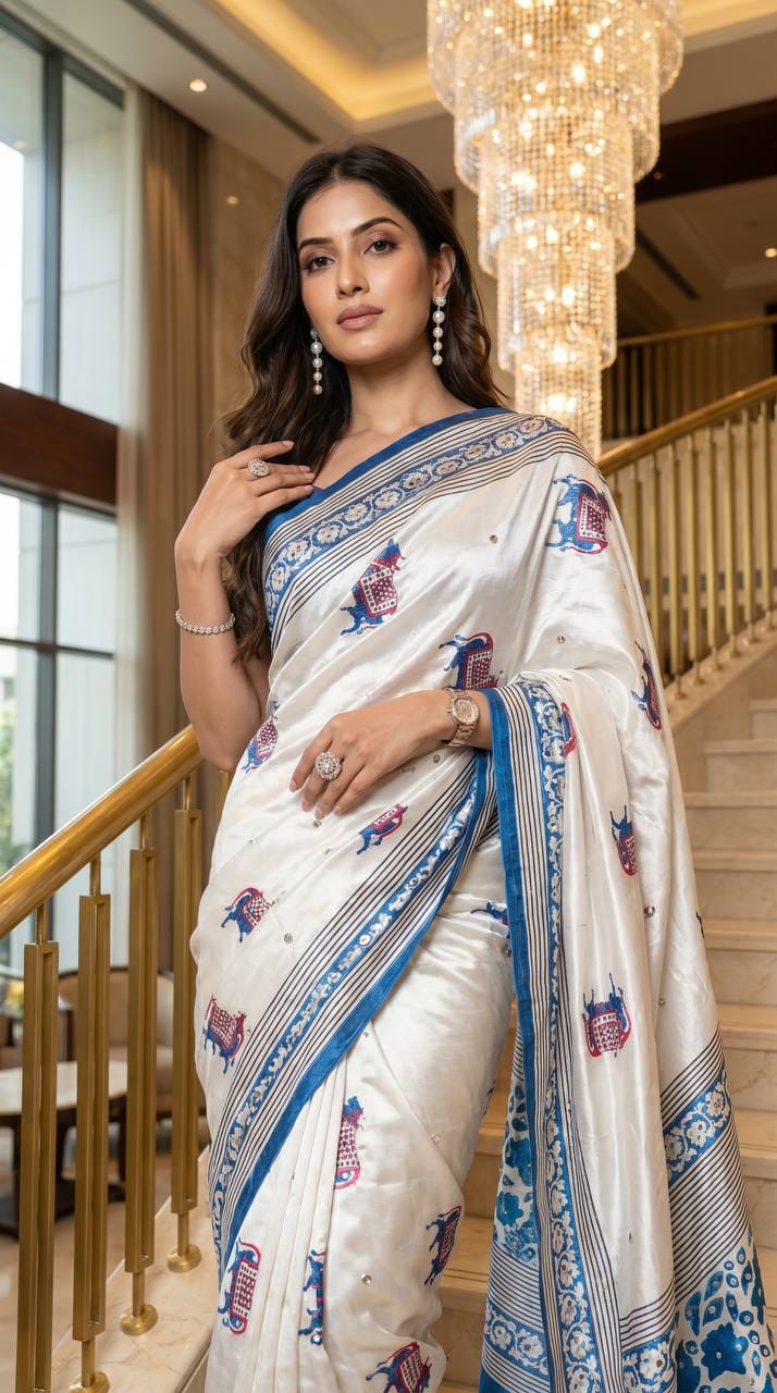 Noorani Ajrakh Mirror Work Silk Saree