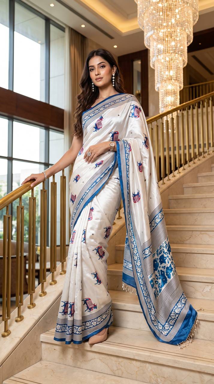Noorani Ajrakh Mirror Work Silk Saree
