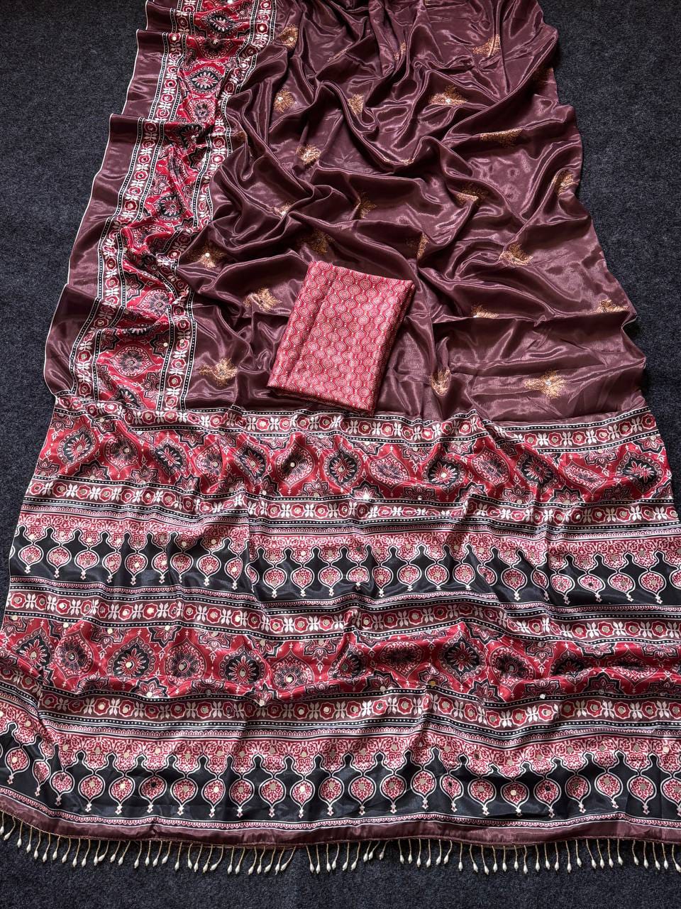 Noorani Ajrakh Mirror Work Silk Saree