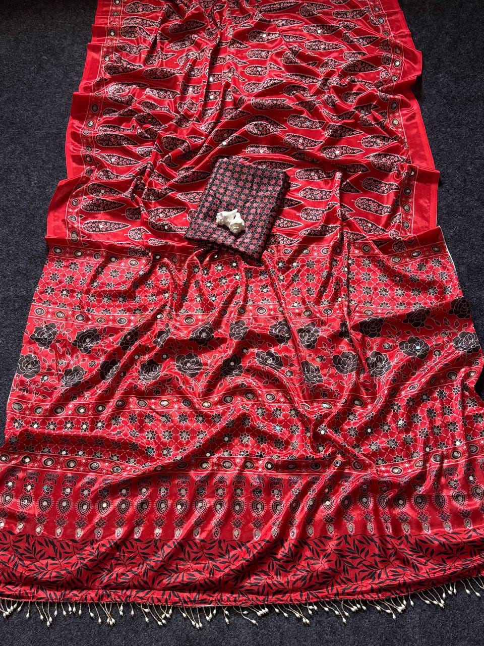 Noorani Ajrakh Mirror Work Silk Saree