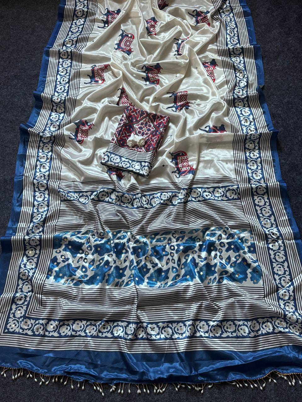 Noorani Ajrakh Mirror Work Silk Saree