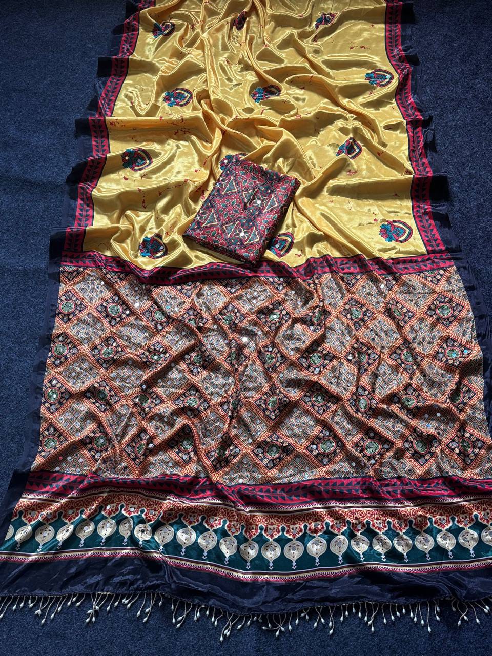 Noorani Ajrakh Mirror Work Silk Saree