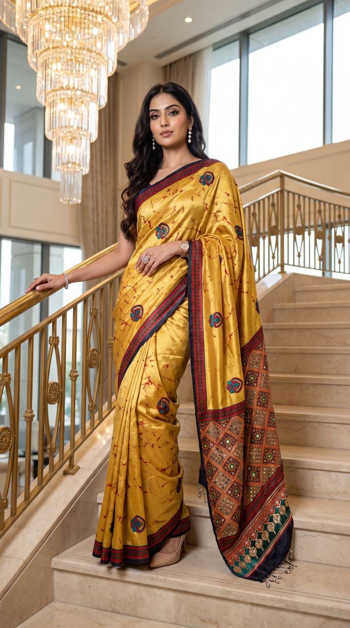 Noorani Ajrakh Mirror Work Silk Saree