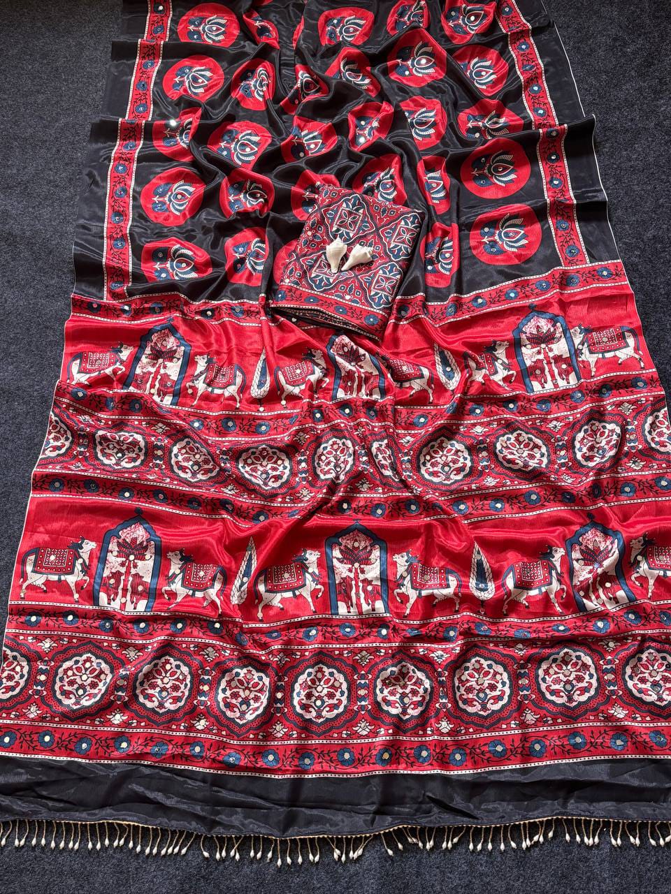 Noorani Ajrakh Mirror Work Silk Saree