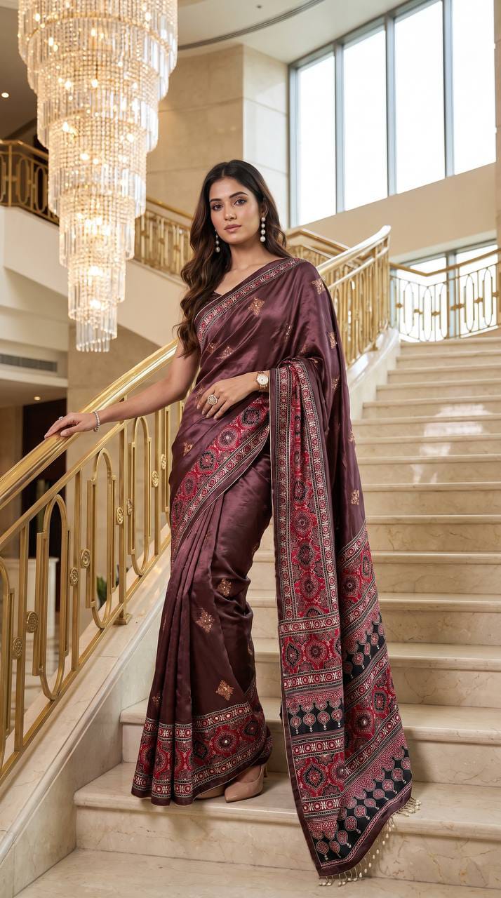 Noorani Ajrakh Mirror Work Silk Saree