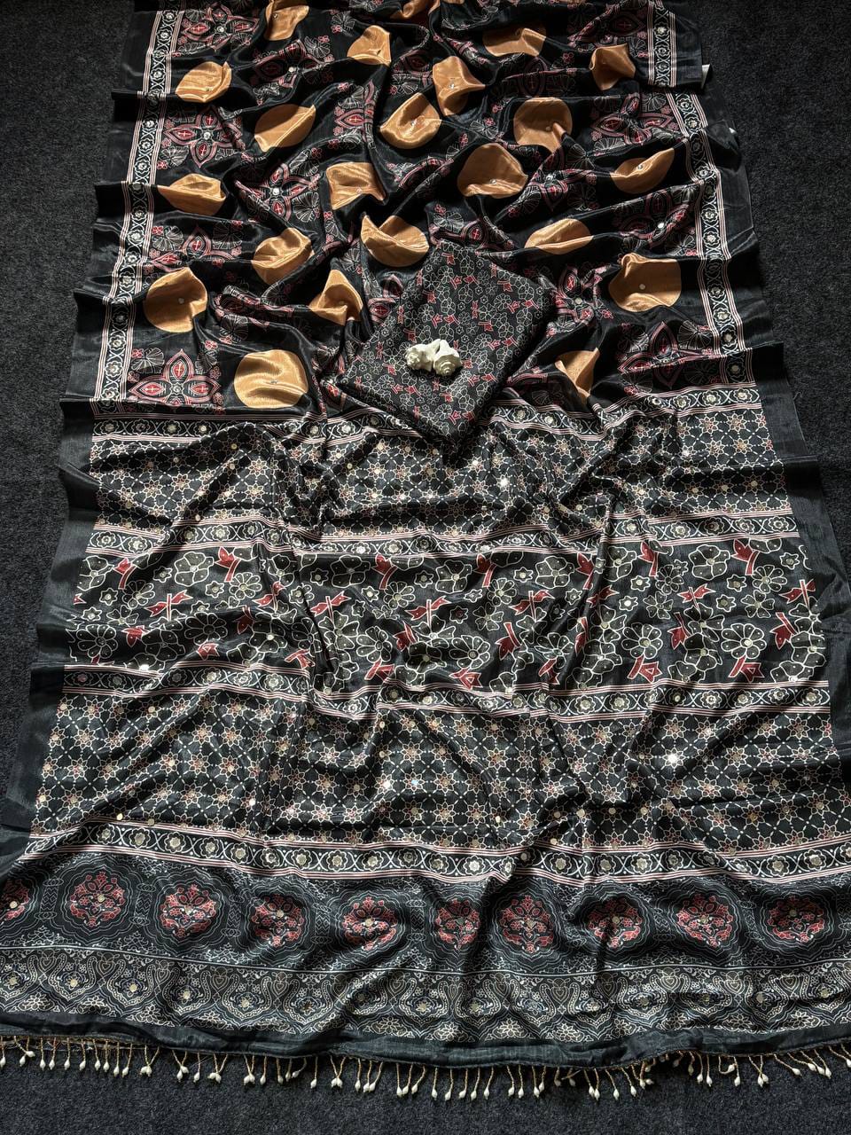Noorani Ajrakh Mirror Work Silk Saree