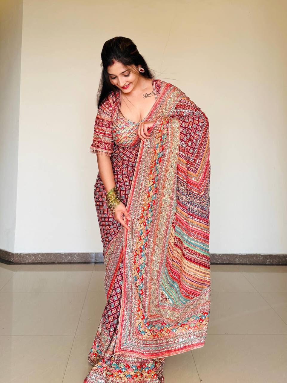 Rangrez Roman Silk Mirror Work Printed Saree with Kodi Latkan