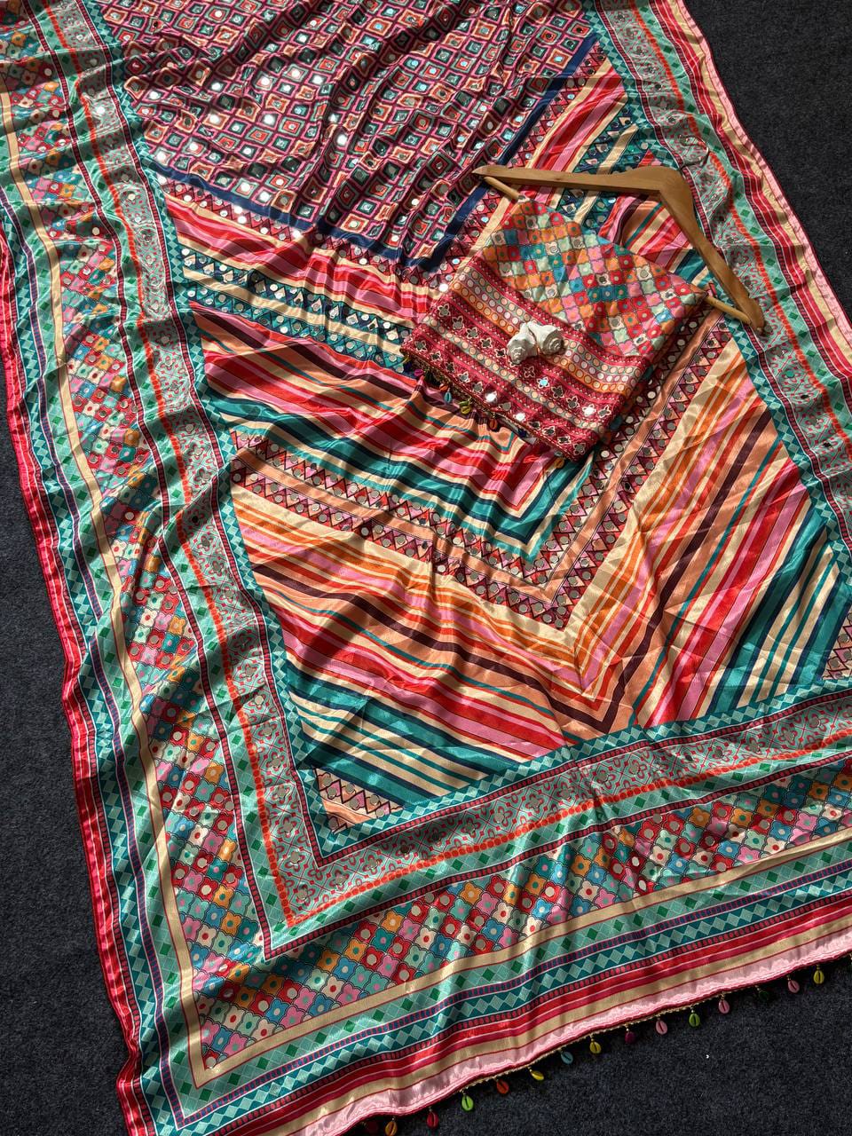 Rangrez Roman Silk Mirror Work Printed Saree with Kodi Latkan