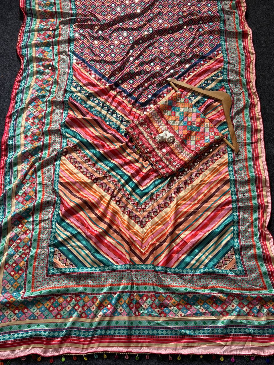 Rangrez Roman Silk Mirror Work Printed Saree with Kodi Latkan