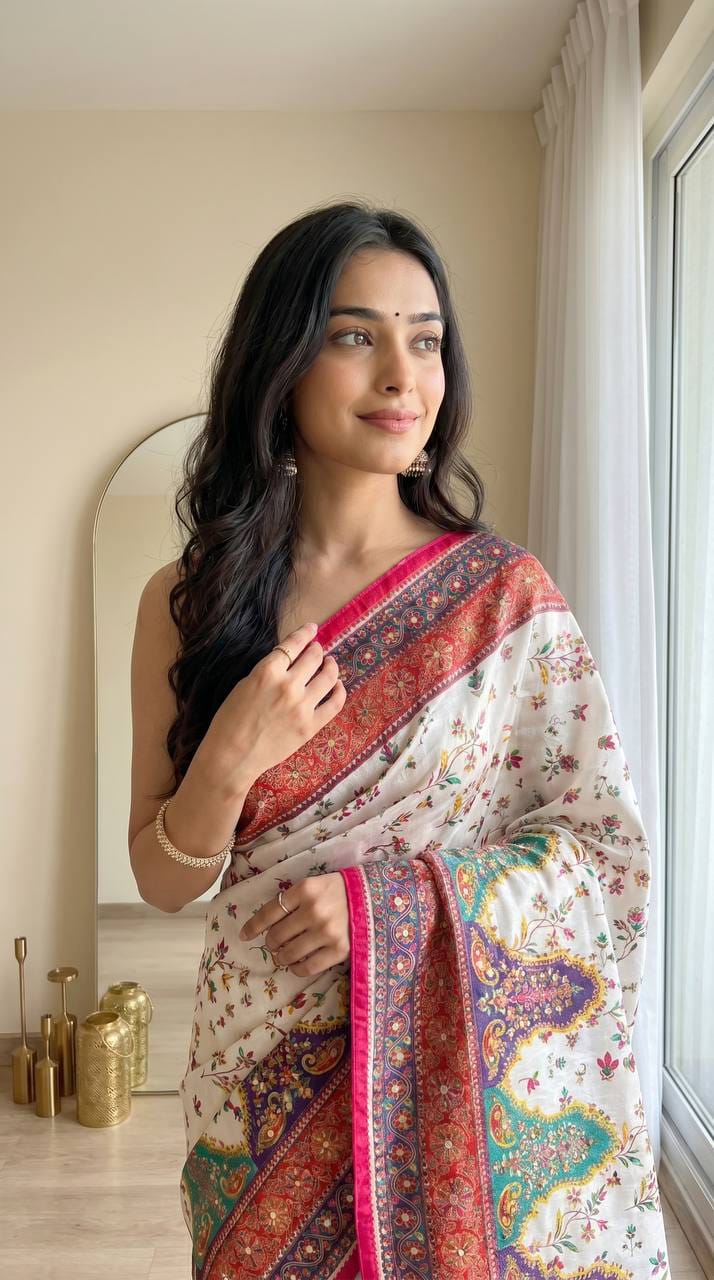 Noorani Modal Ultra Silk Floral Mirror Work Saree with Kodi Latkan