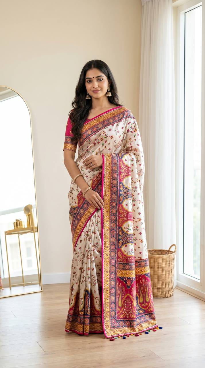 Noorani Modal Ultra Silk Floral Mirror Work Saree with Kodi Latkan