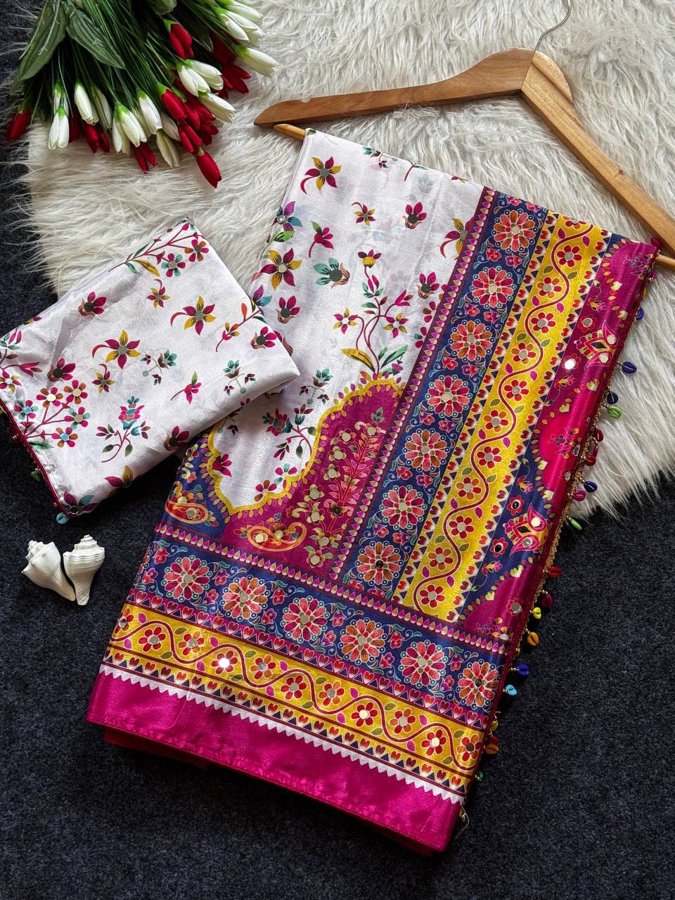 Noorani Modal Ultra Silk Floral Mirror Work Saree with Kodi Latkan