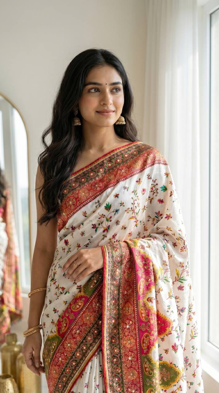 Noorani Modal Ultra Silk Floral Mirror Work Saree with Kodi Latkan