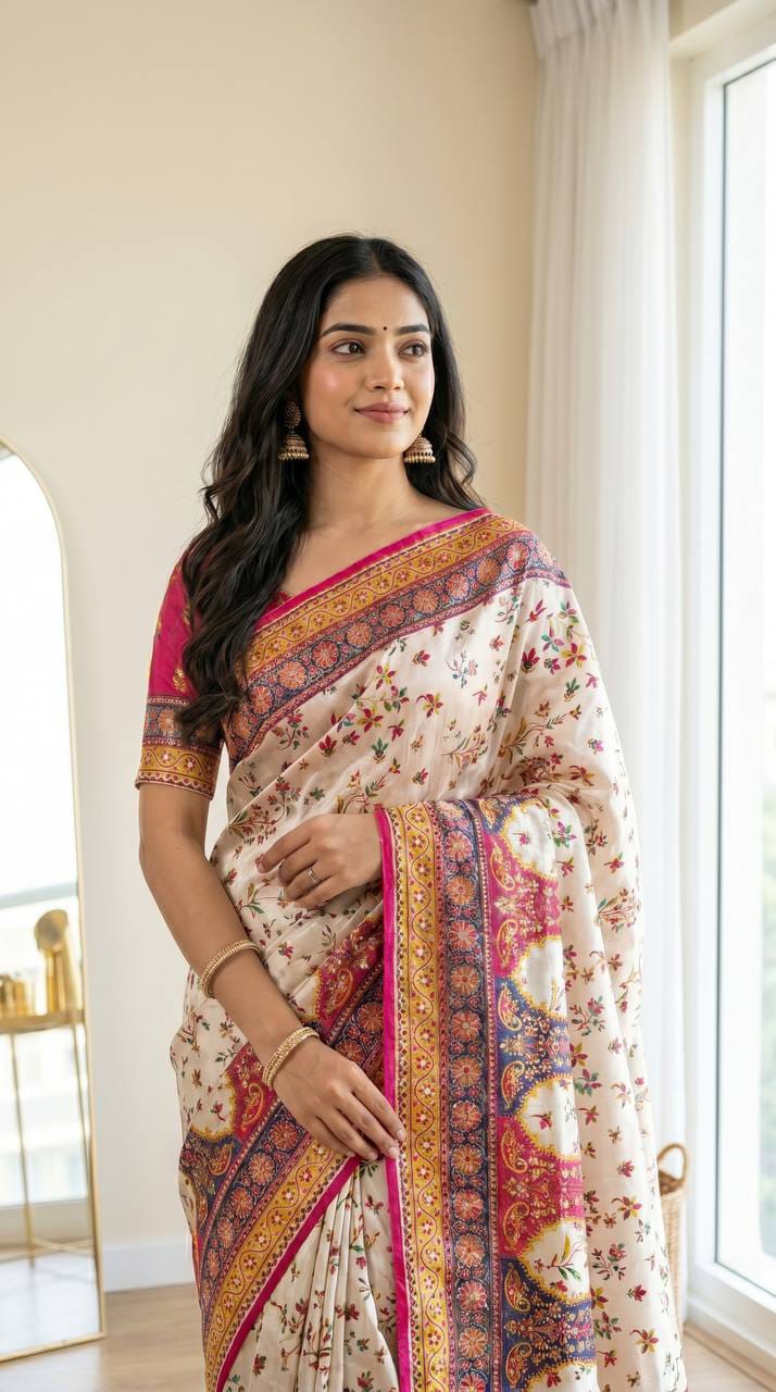 Noorani Modal Ultra Silk Floral Mirror Work Saree with Kodi Latkan