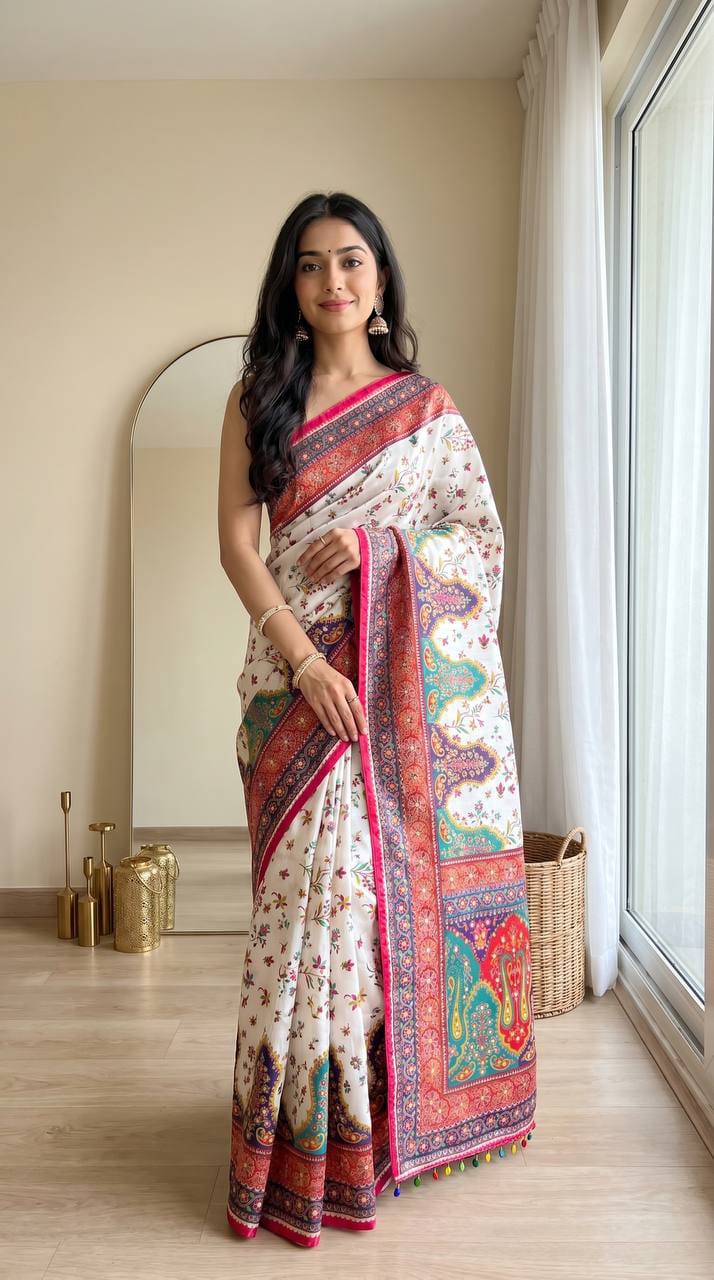 Noorani Modal Ultra Silk Floral Mirror Work Saree with Kodi Latkan