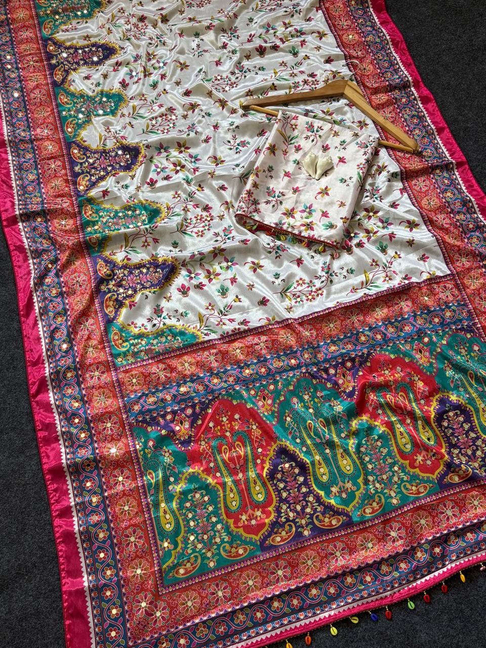 Noorani Modal Ultra Silk Floral Mirror Work Saree with Kodi Latkan