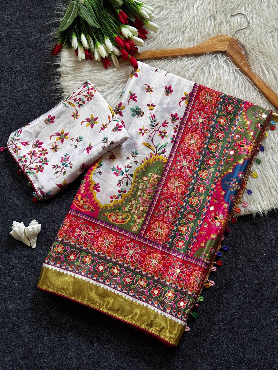 Noorani Modal Ultra Silk Floral Mirror Work Saree with Kodi Latkan