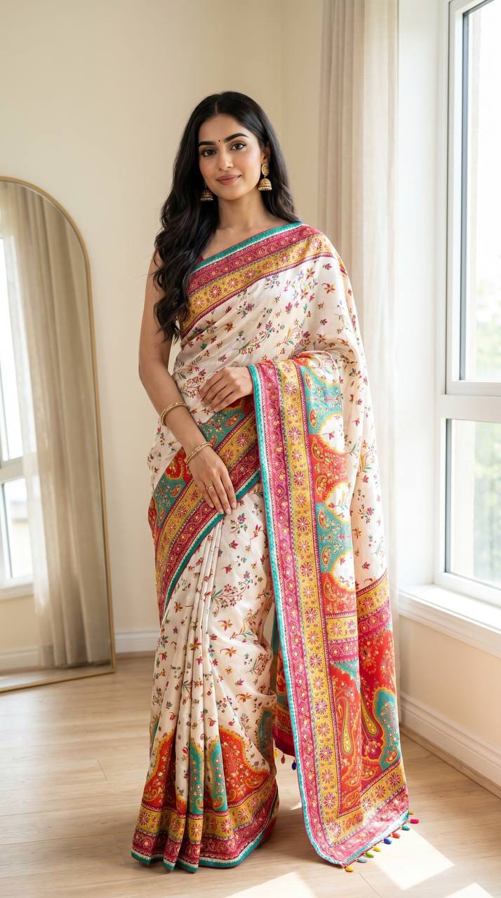 Noorani Modal Ultra Silk Floral Mirror Work Saree with Kodi Latkan