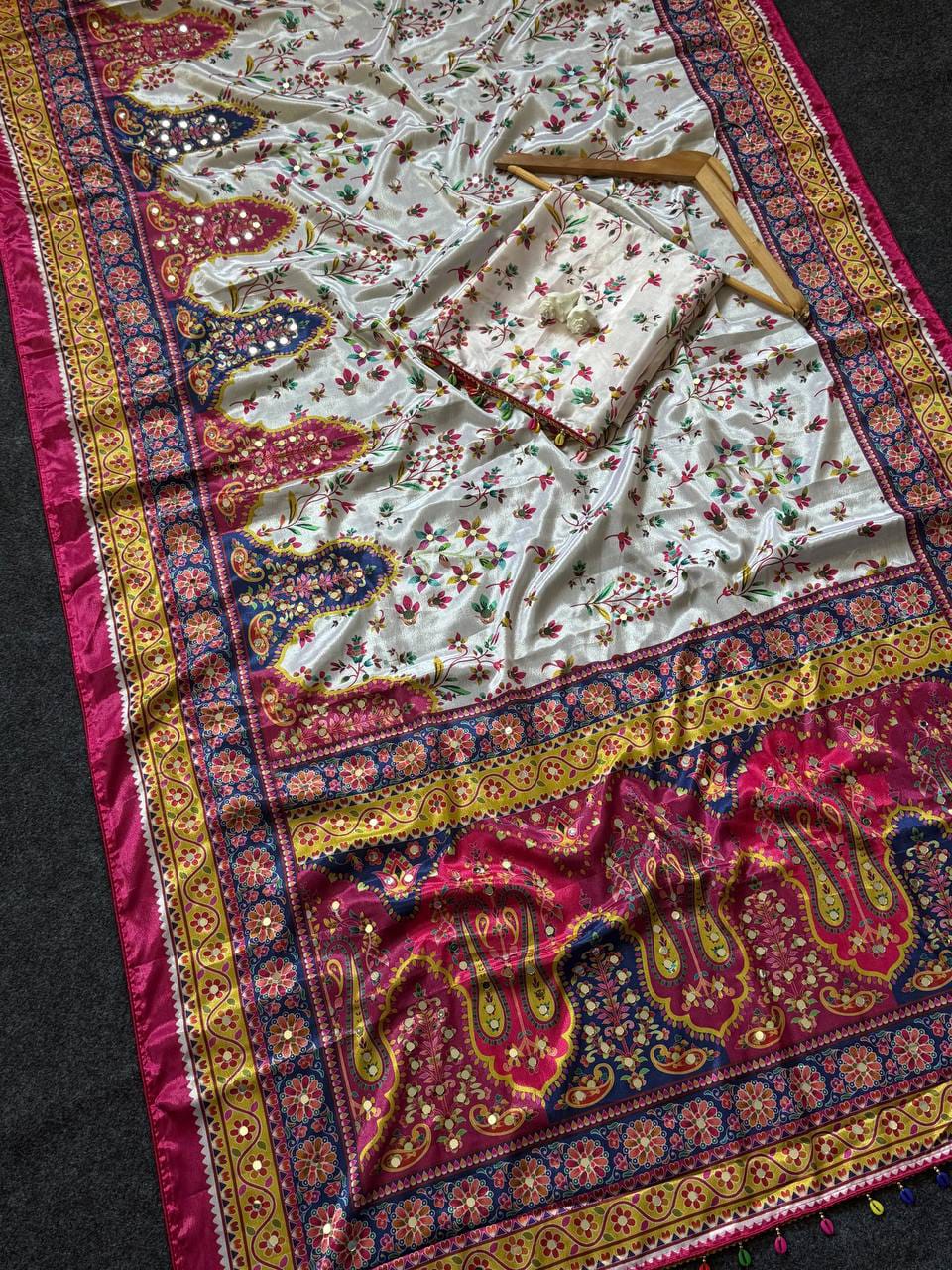 Noorani Modal Ultra Silk Floral Mirror Work Saree with Kodi Latkan