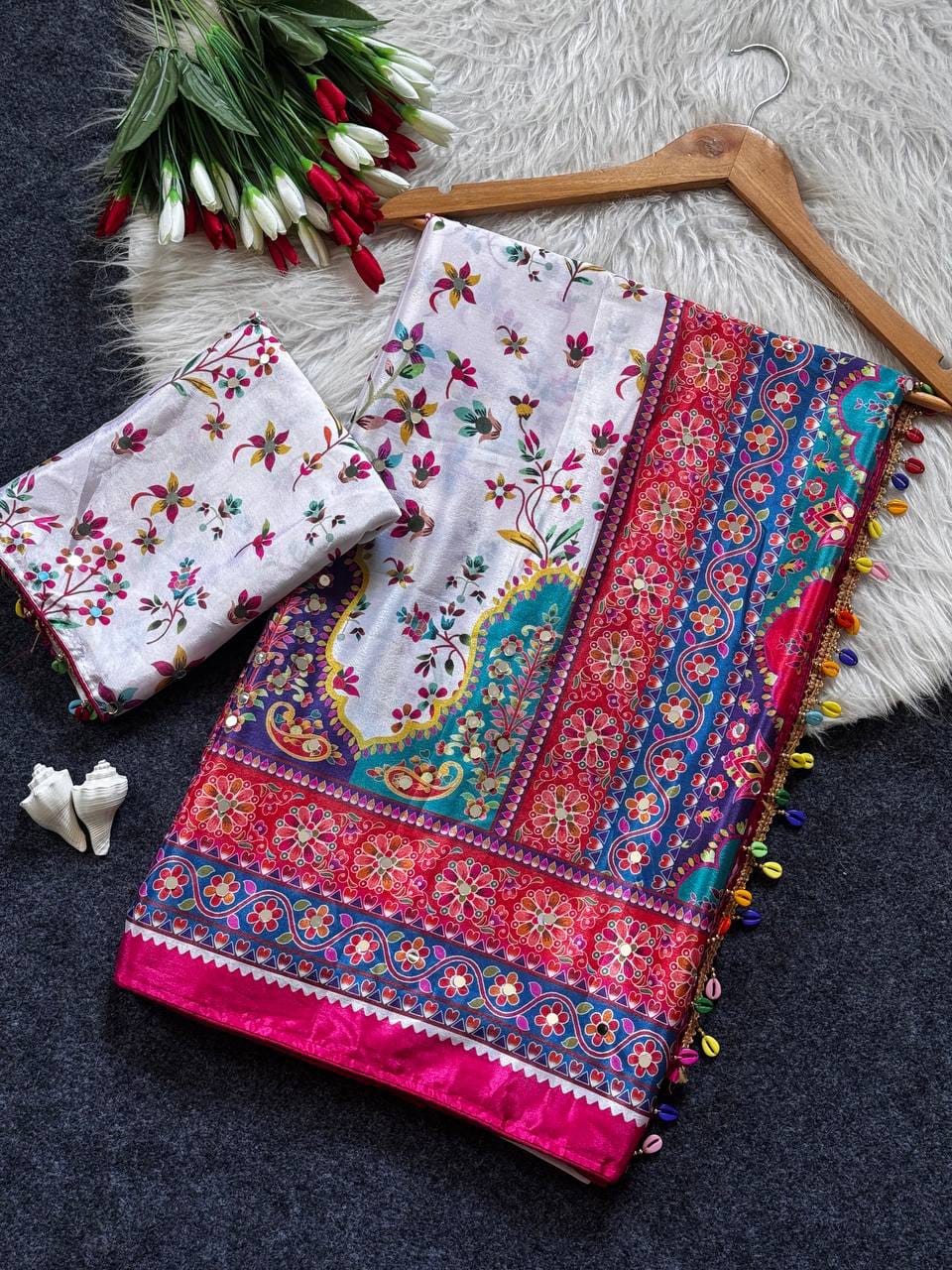 Noorani Modal Ultra Silk Floral Mirror Work Saree with Kodi Latkan