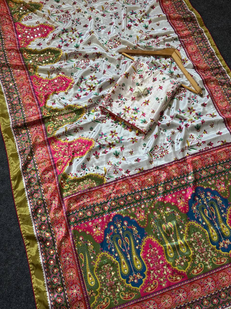 Noorani Modal Ultra Silk Floral Mirror Work Saree with Kodi Latkan