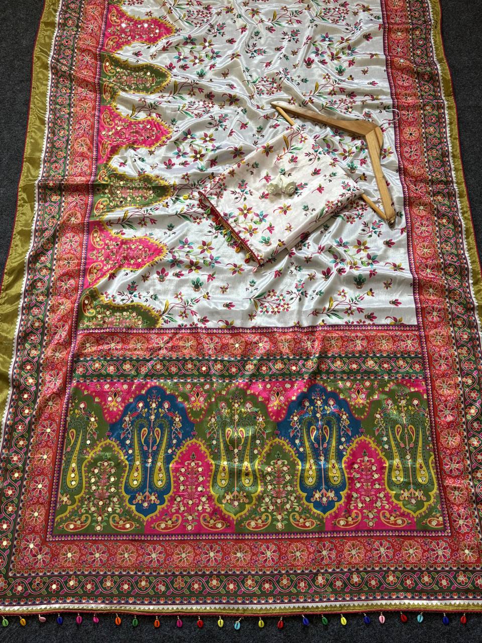 Noorani Modal Ultra Silk Floral Mirror Work Saree with Kodi Latkan