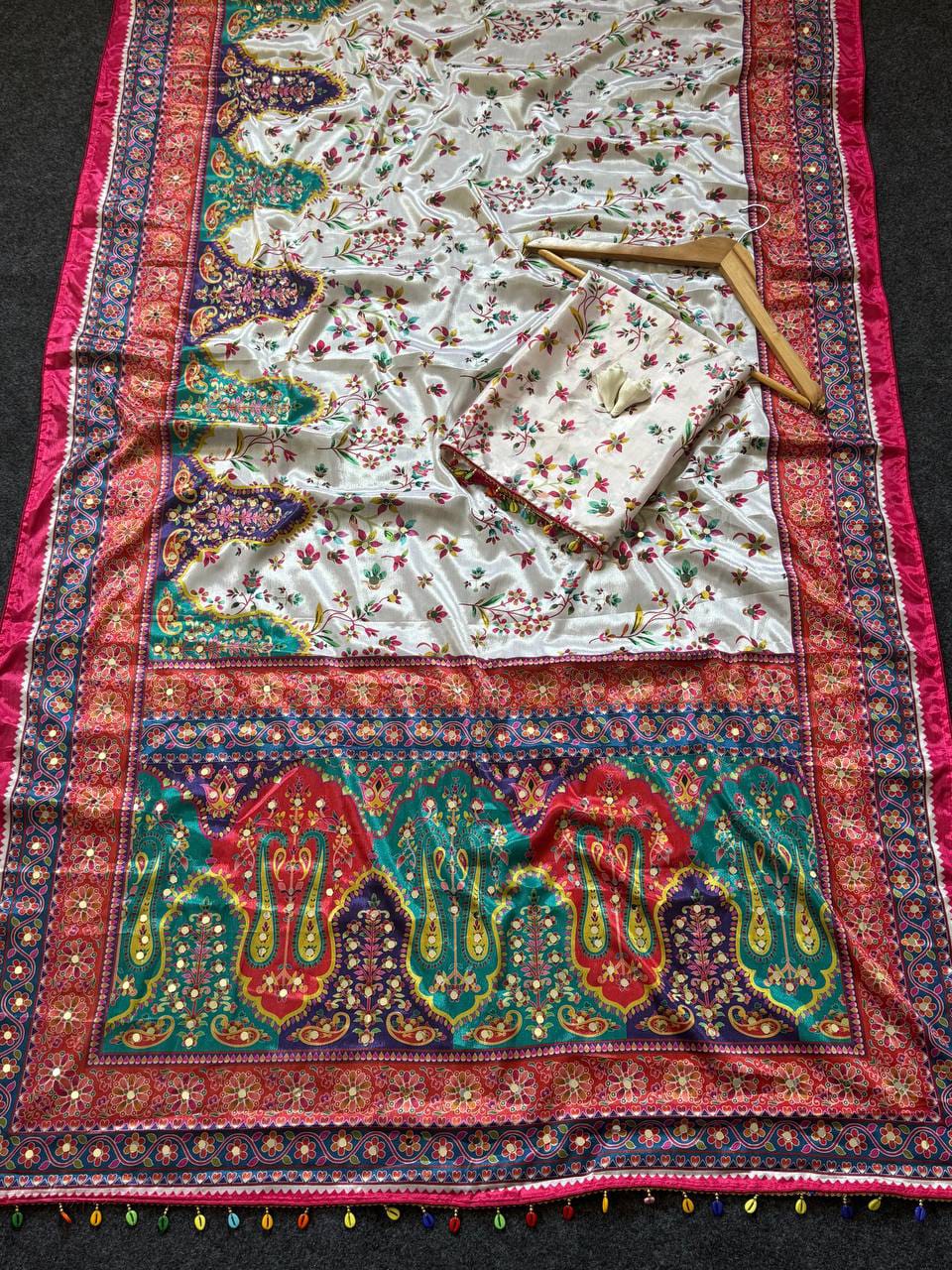 Noorani Modal Ultra Silk Floral Mirror Work Saree with Kodi Latkan