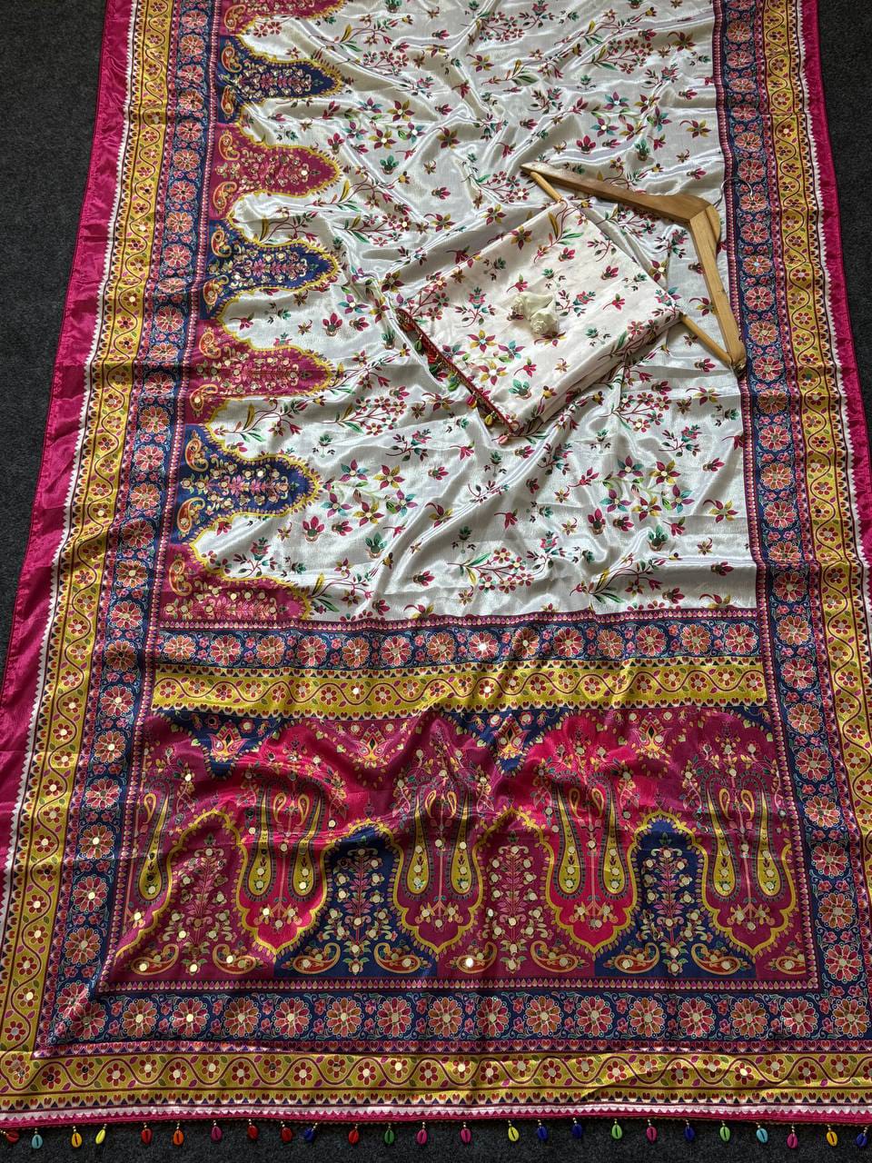 Noorani Modal Ultra Silk Floral Mirror Work Saree with Kodi Latkan