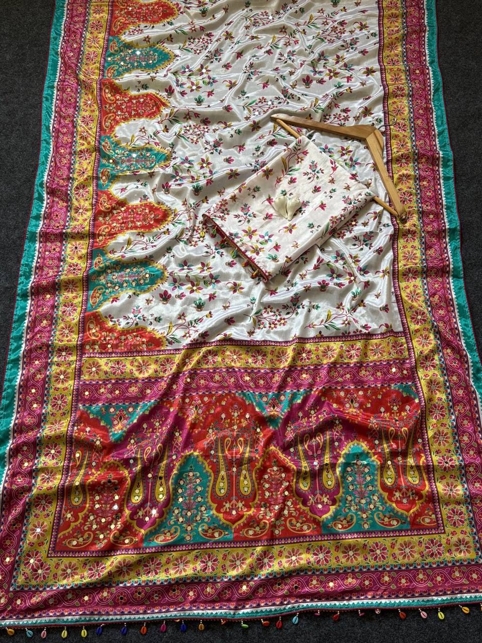 Noorani Modal Ultra Silk Floral Mirror Work Saree with Kodi Latkan