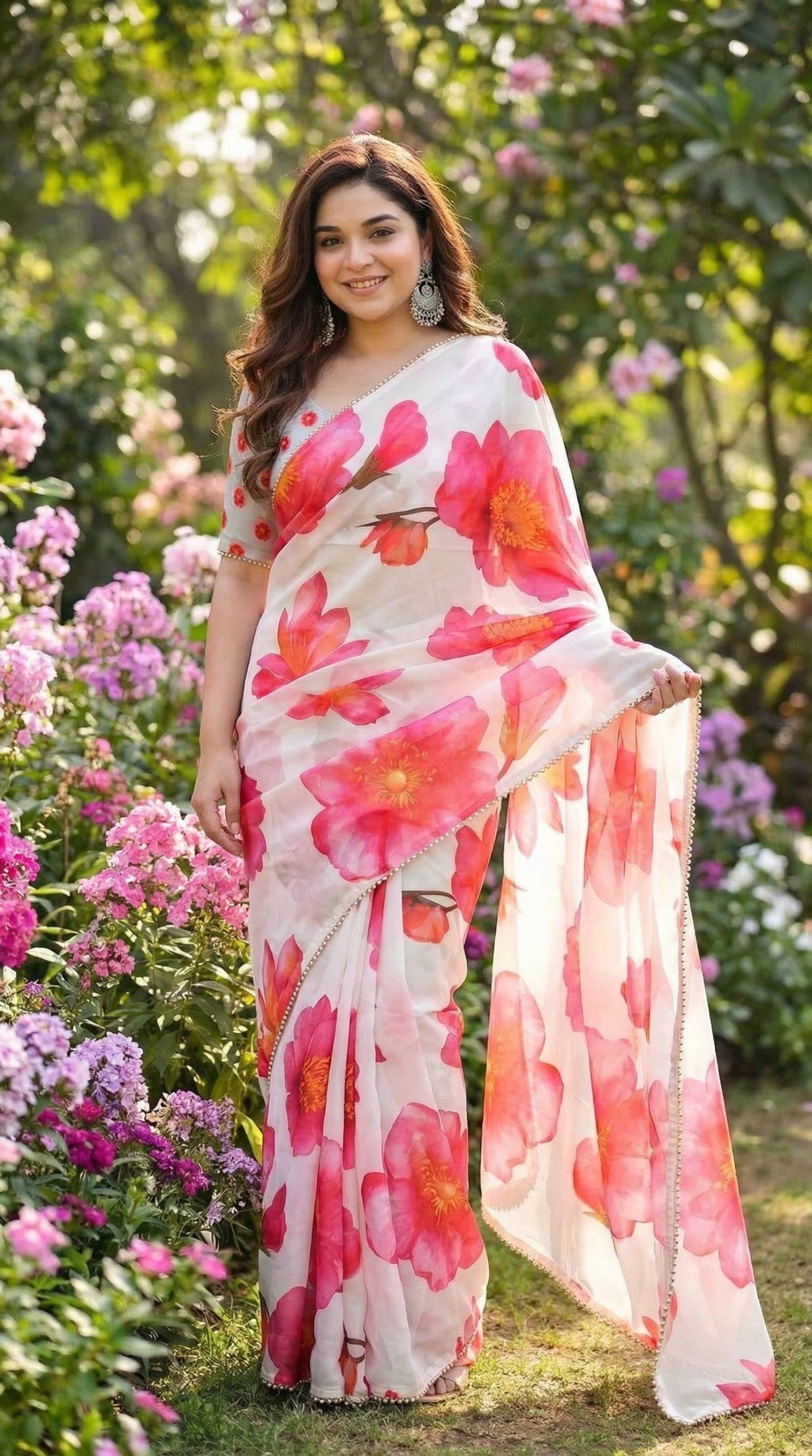Floral Digital Print Soft Georgette Saree with Pearl Border