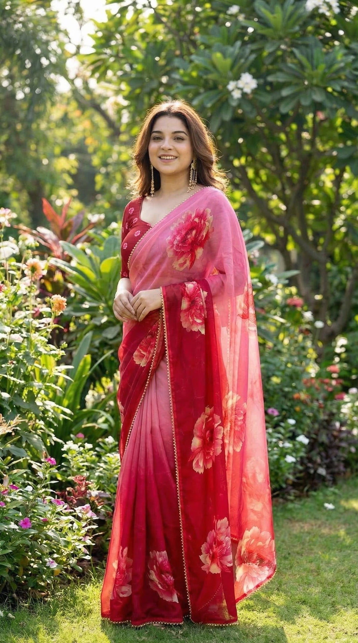 Floral Digital Print Soft Georgette Saree with Pearl Border
