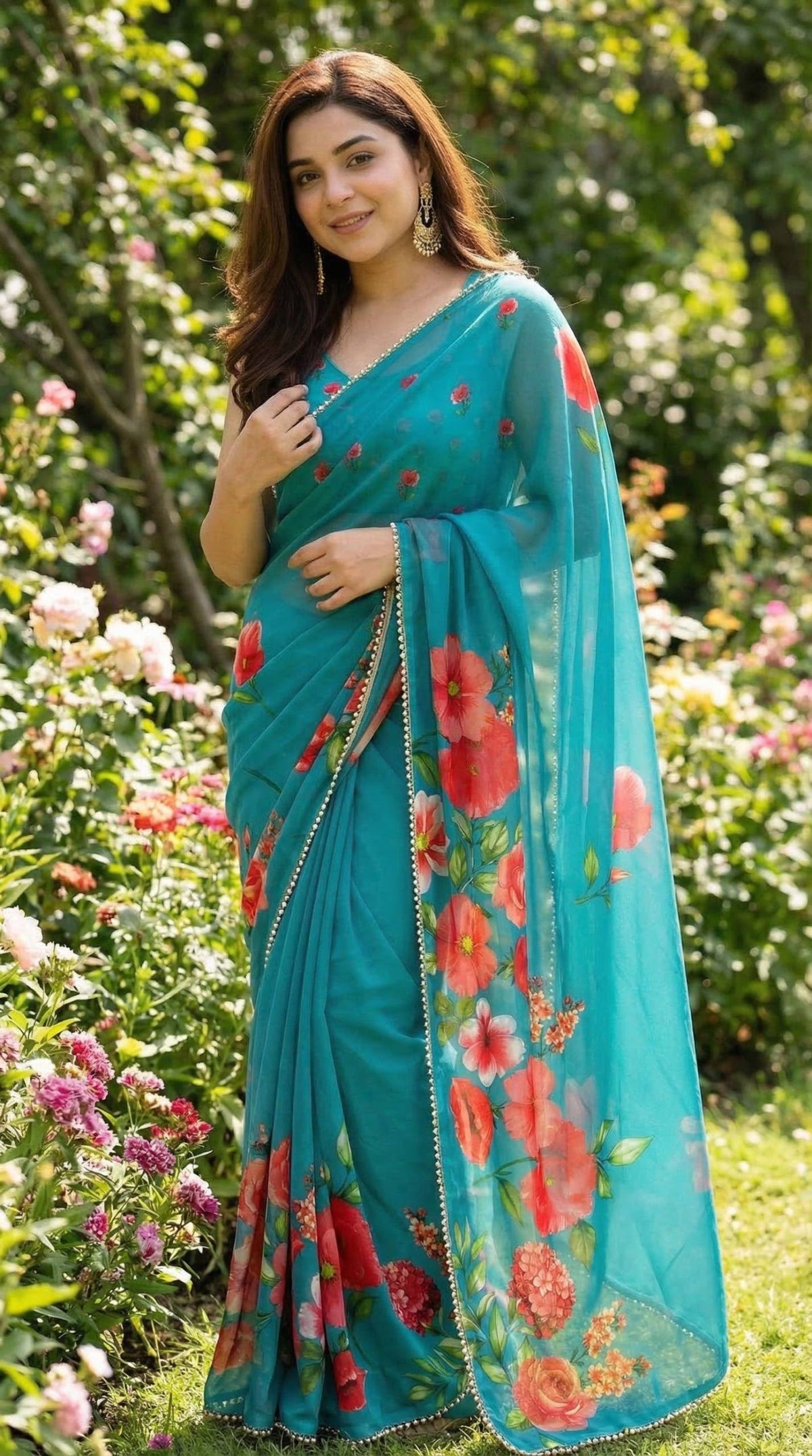 Floral Digital Print Soft Georgette Saree with Pearl Border