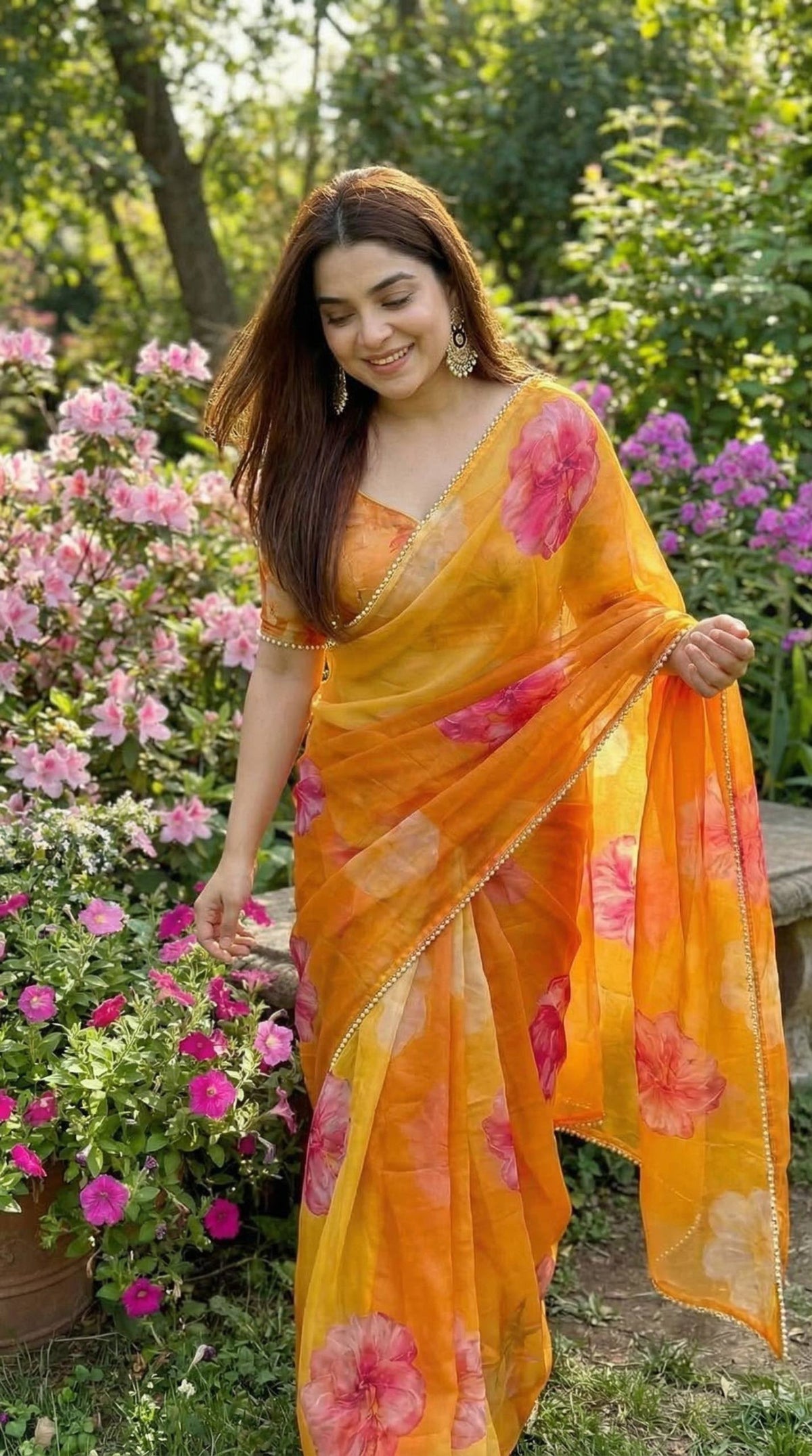 Floral Digital Print Soft Georgette Saree with Pearl Border
