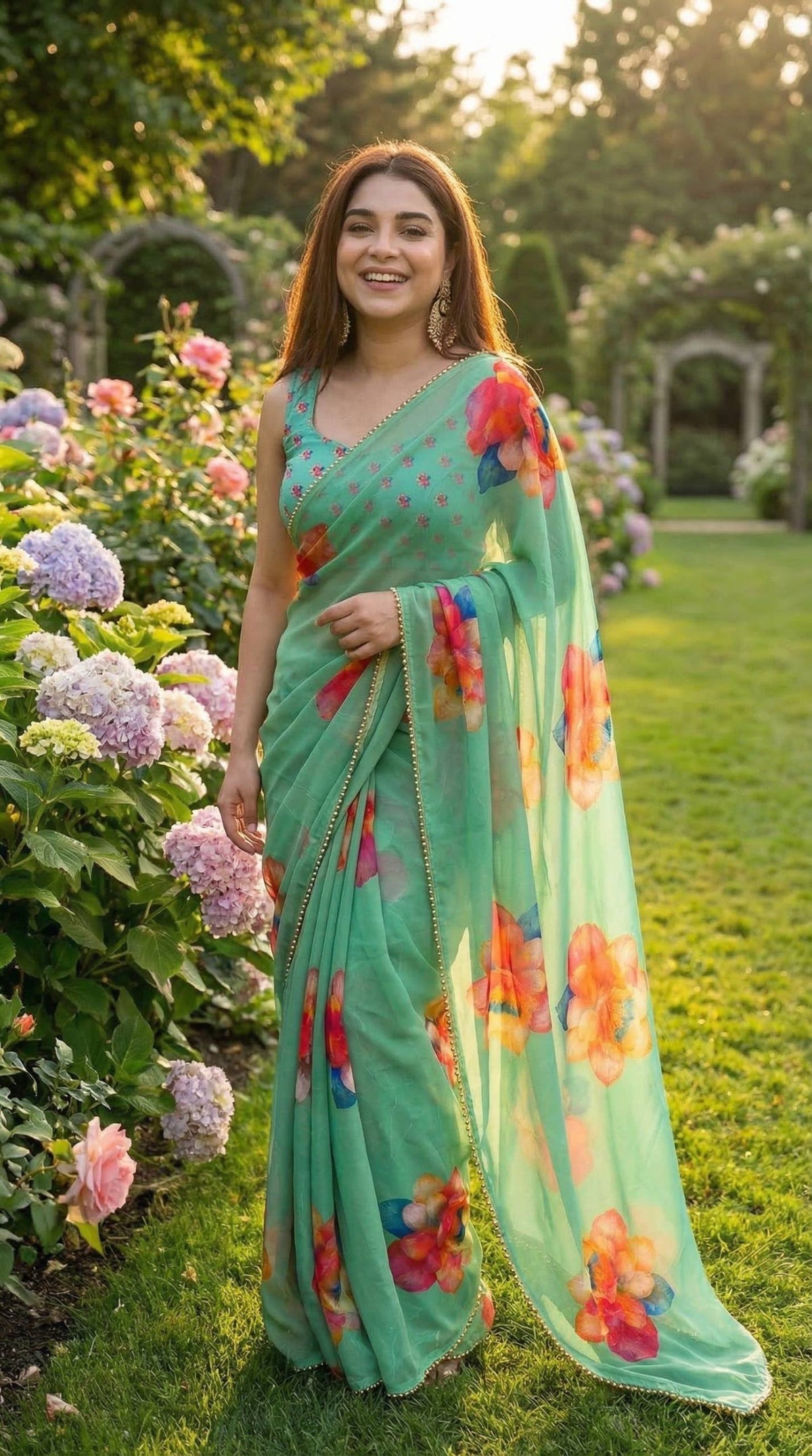 Floral Digital Print Soft Georgette Saree with Pearl Border