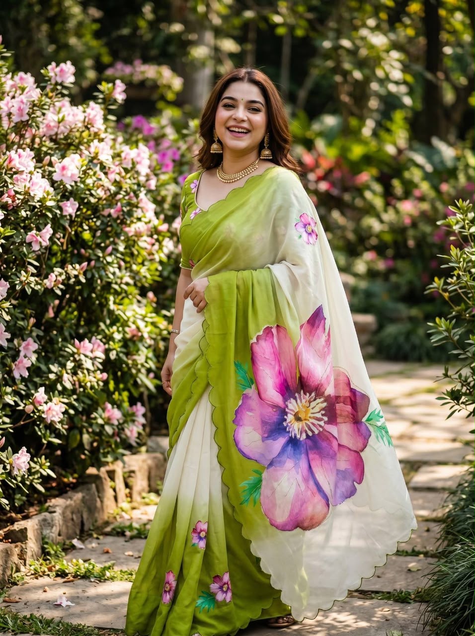 Soft Georgette Floral Digital Print Saree with Khatli Handwork